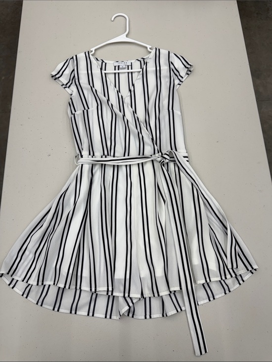 FAVLUX Pants - Girls' White & Black Stripe Wrap Romper Dress with Belt w/shorts